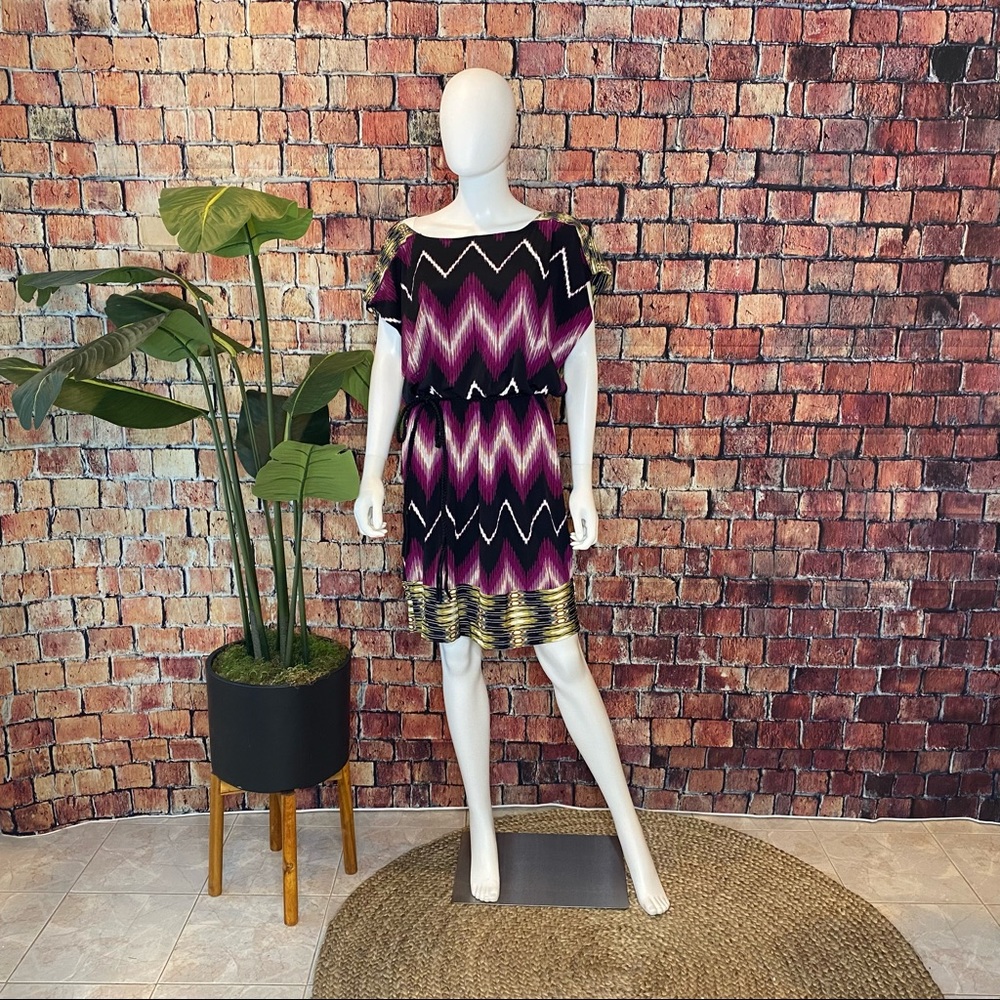 Olivia Matthew’s, size 8 , black, purple, yellow and white with braided belt.